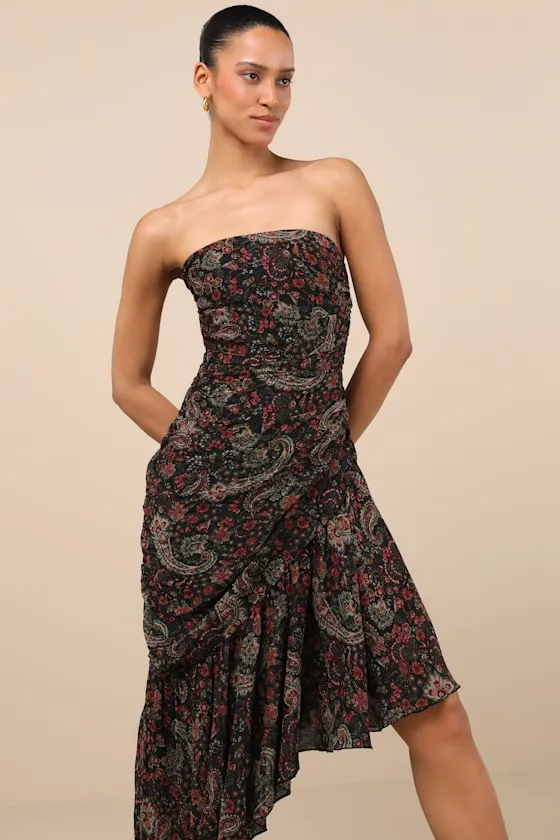Leena Black Multi Paisley Asymmetrical Midi Dress sold by Lulus