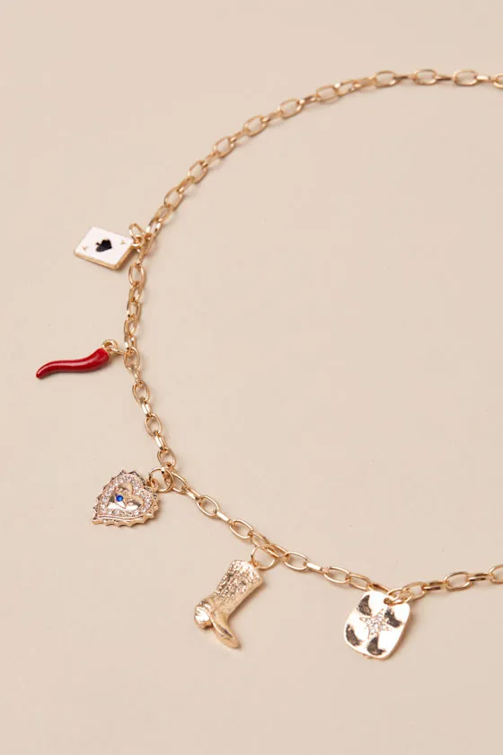 Pristine Addition Gold Rhinestone Charm Necklace sold by Lulus