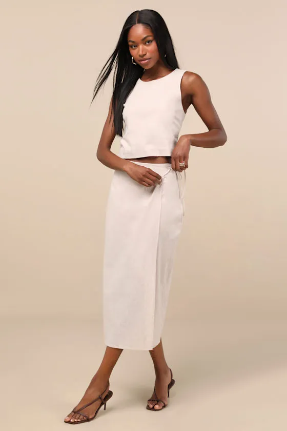 Aubin Light Beige Column Wrap Midi Skirt sold by Lulus