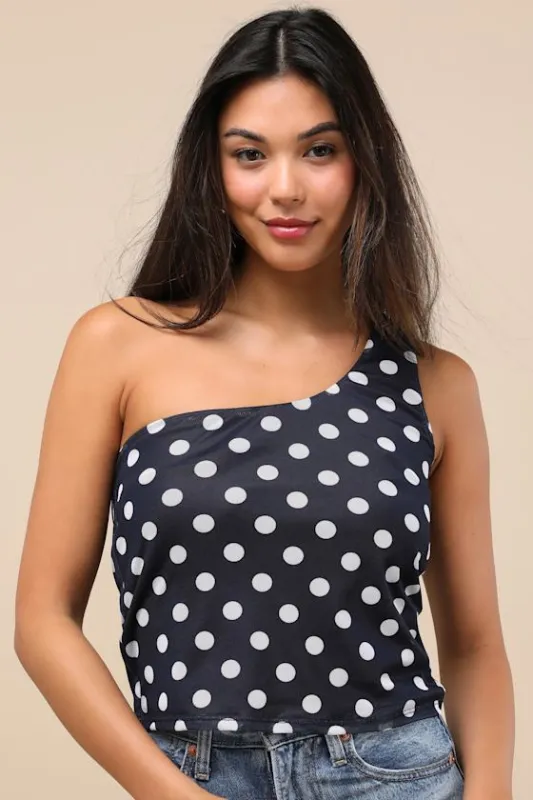 Saskia Navy Polka Dot Mesh One-Shoulder Top sold by Lulus