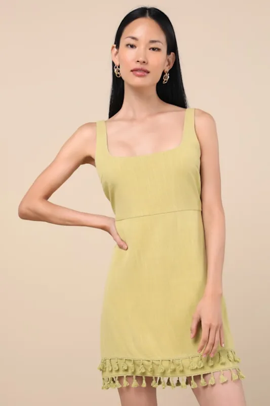 Feel the Sunshine Chartreuse Linen Tassel Mini Dress sold by Lulus