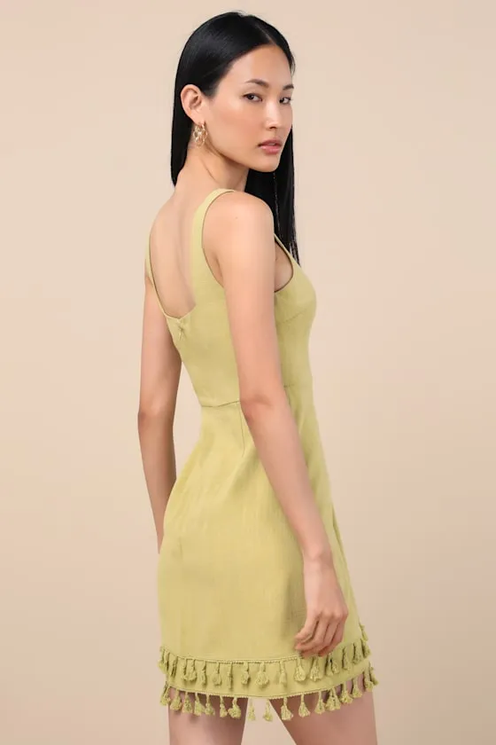 Feel the Sunshine Chartreuse Linen Tassel Mini Dress sold by Lulus product image thumbnail 2