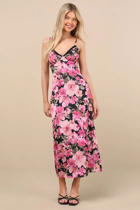 Mattie Black and Pink Floral Satin Lace Midi Slip Dress sold by Lulus