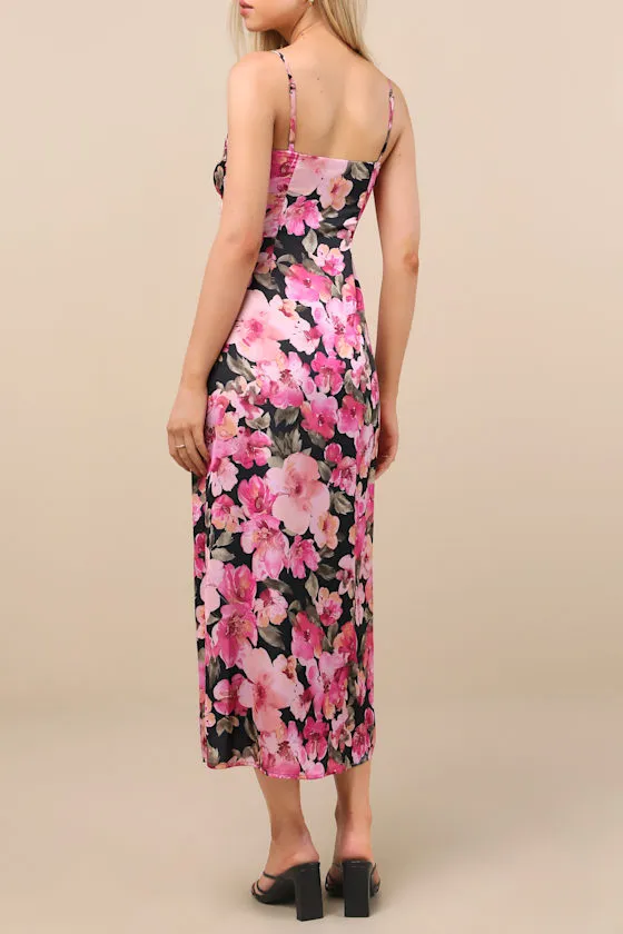 Mattie Black and Pink Floral Satin Lace Midi Slip Dress sold by Lulus product image thumbnail 3