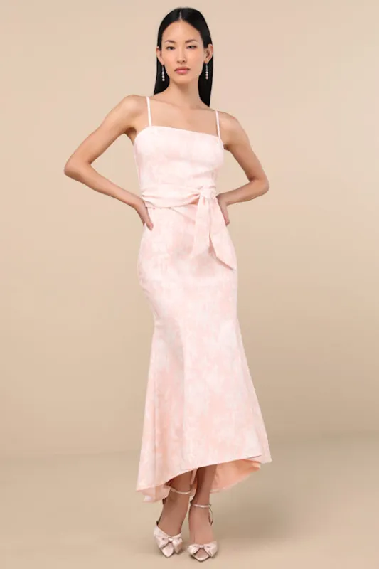 Gwenth Blush Floral Jacquard High-Low Midi Dress sold by Lulus