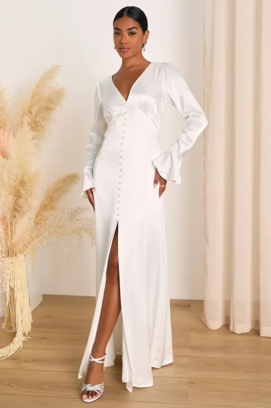 Elegant Celebration White Satin Long Sleeve Slip Maxi Dress sold by Lulus