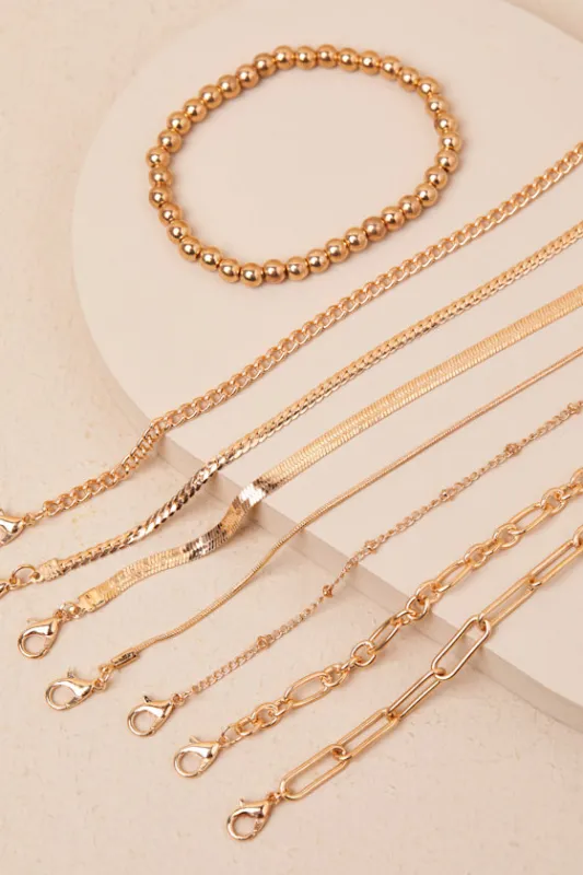Luxurious Effect Gold Eight-Piece Chain Bracelet Set sold by Lulus