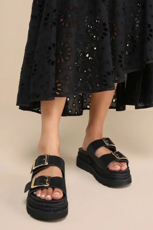 Mythical Black Buckle Raffia Flatform Slide Sandals made by Madden Girl