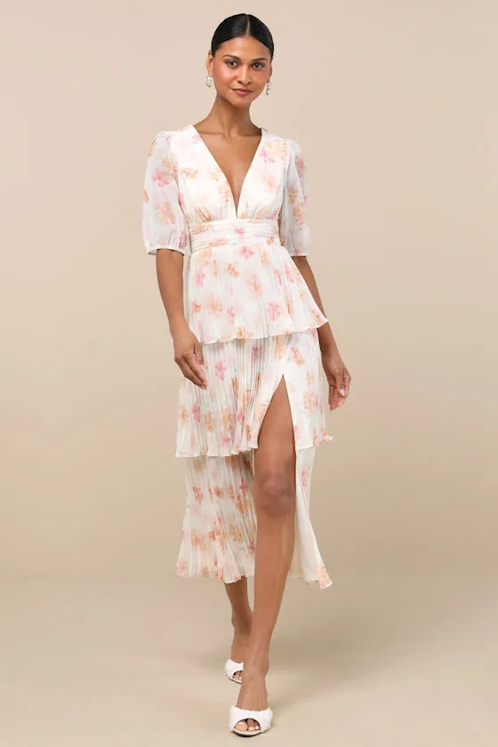 Jadia Ivory Floral Pleated Tiered Midi Dress sold by Lulus