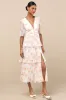 Jadia Ivory Floral Pleated Tiered Midi Dress sold by Lulus