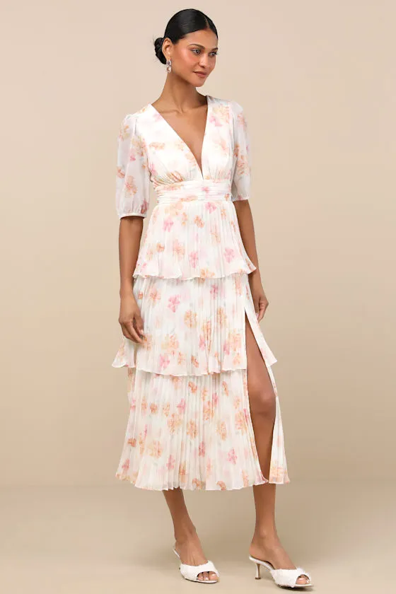 Jadia Ivory Floral Pleated Tiered Midi Dress sold by Lulus product image thumbnail 2