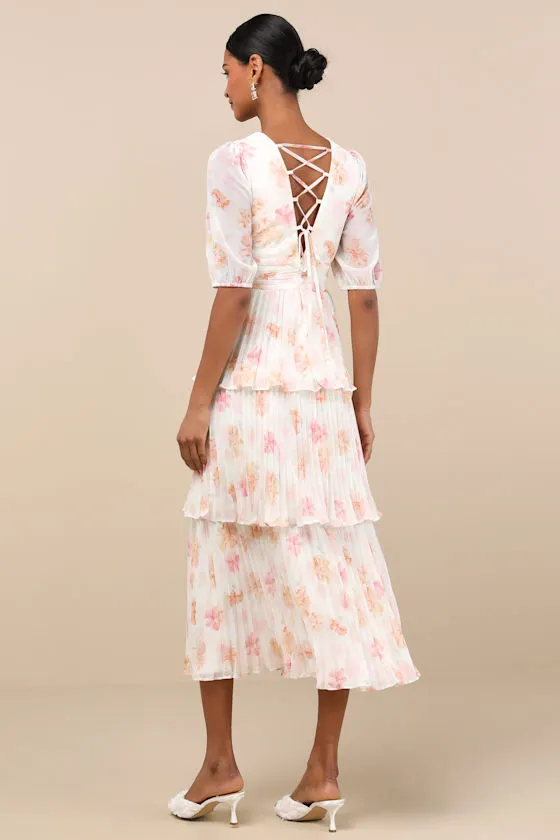 Jadia Ivory Floral Pleated Tiered Midi Dress sold by Lulus product image thumbnail 3