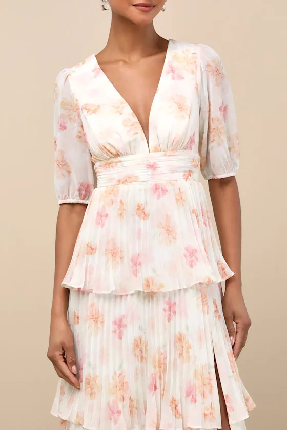 Jadia Ivory Floral Pleated Tiered Midi Dress sold by Lulus product image thumbnail 4