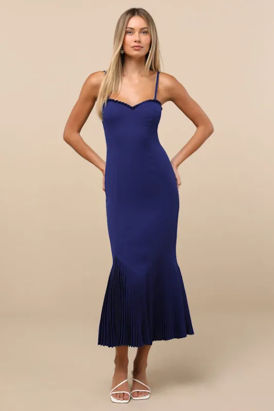 Channa Navy Blue Pleated Hem Midi Dress sold by Lulus