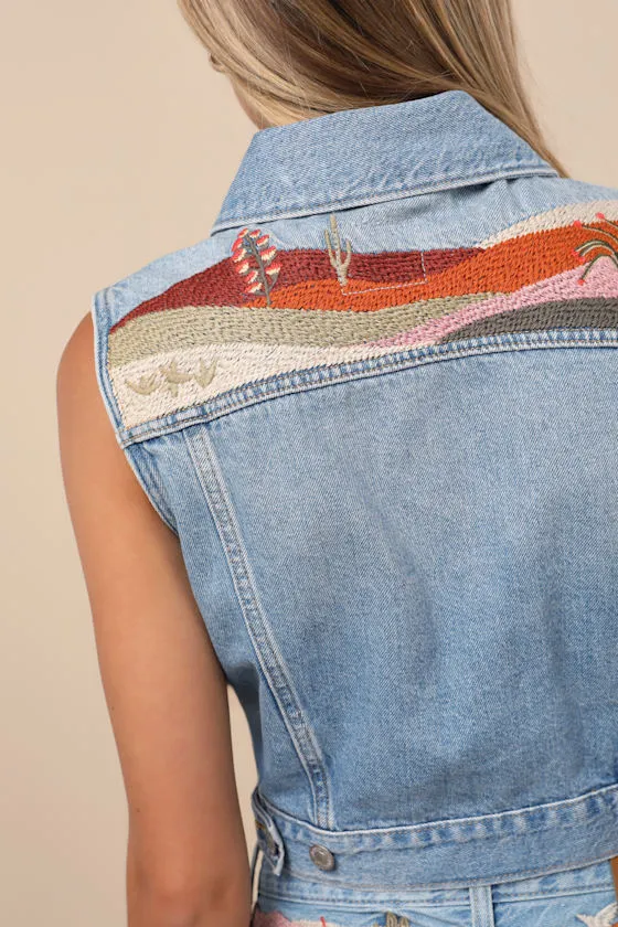 Embroidered Light Wash Denim XS Vest sold by Lulus product image thumbnail 2
