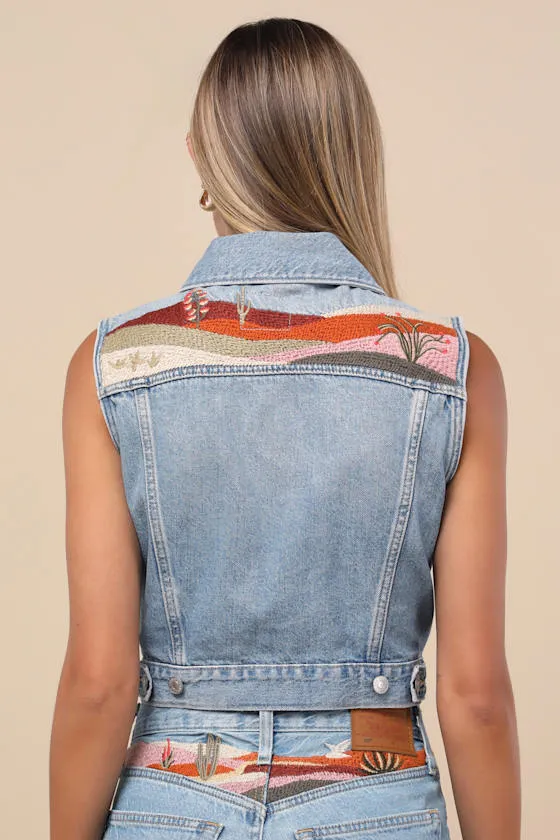 Embroidered Light Wash Denim XS Vest sold by Lulus product image thumbnail 4