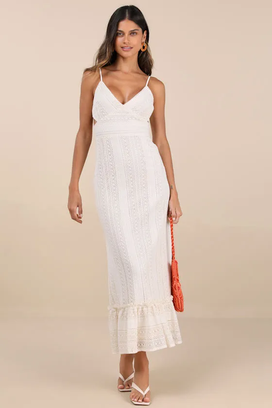 Oliana Ivory Crochet Lace Tiered Cutout Maxi Dress sold by Lulus
