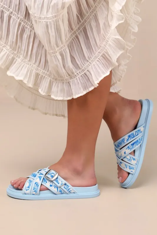 Killian Blue Tropical Print Slide Sandals sold by Lulus