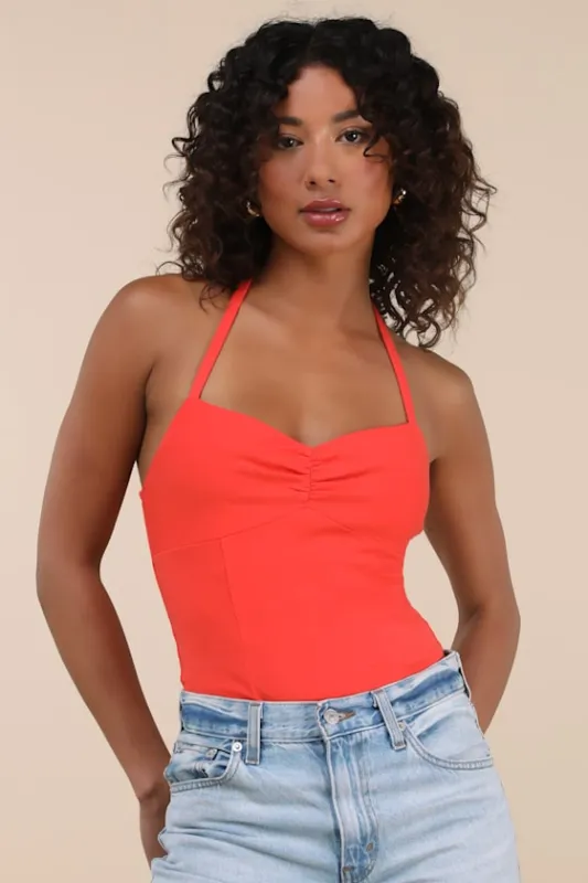 Amberlyn Bright Red Halter Neck Bodysuit sold by Lulus