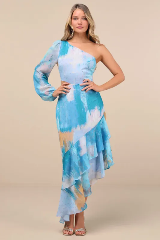 Faria Blue Multi Abstract Metallic Clip Dot Midi Dress sold by Lulus