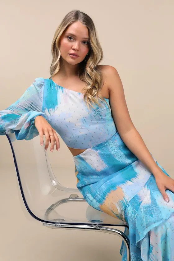 Faria Blue Multi Abstract Metallic Clip Dot Midi Dress sold by Lulus product image thumbnail 2