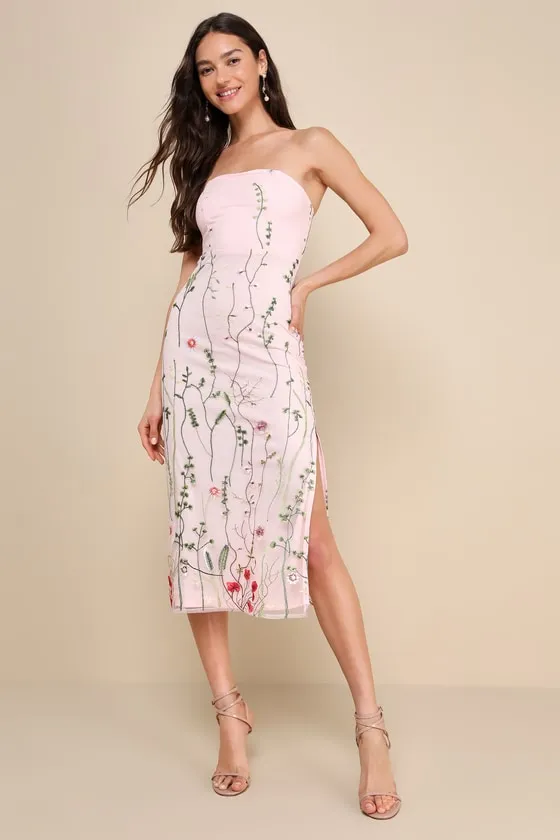 Bold Botanicals Pink Floral Embroidered Strapless Midi Dress sold by Lulus