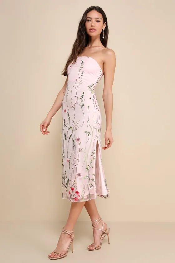 Bold Botanicals Pink Floral Embroidered Strapless Midi Dress sold by Lulus product image thumbnail 2