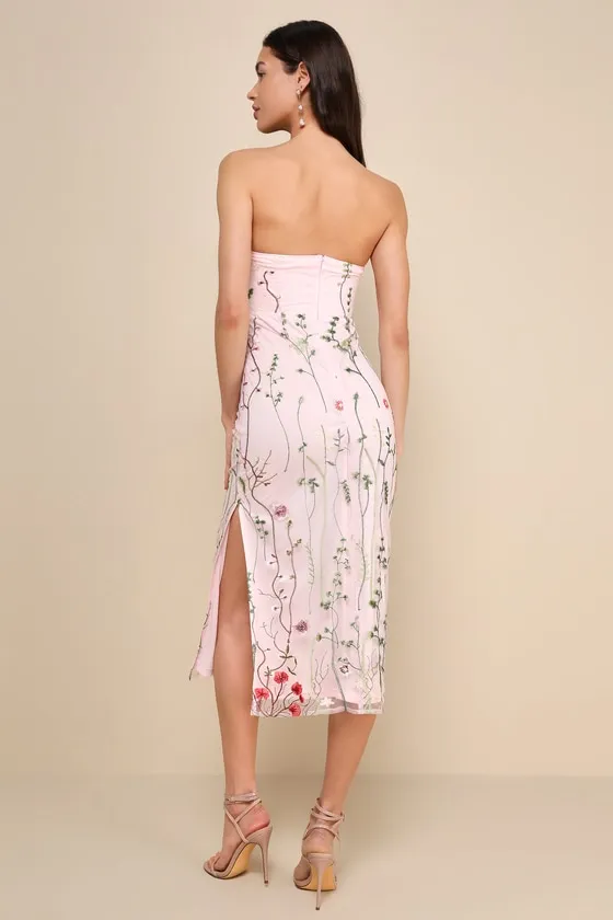 Bold Botanicals Pink Floral Embroidered Strapless Midi Dress sold by Lulus product image thumbnail 3