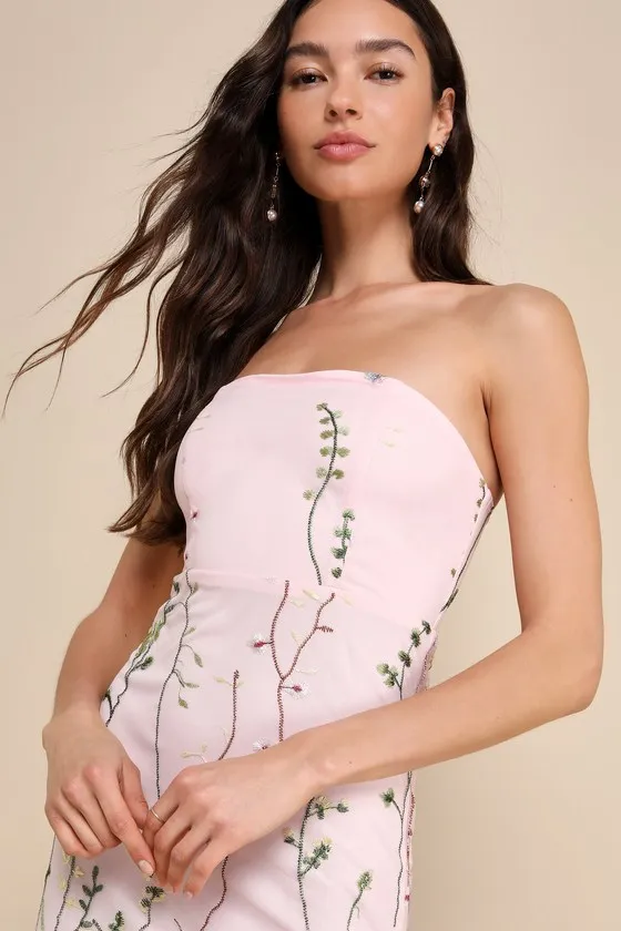 Bold Botanicals Pink Floral Embroidered Strapless Midi Dress sold by Lulus product image thumbnail 4