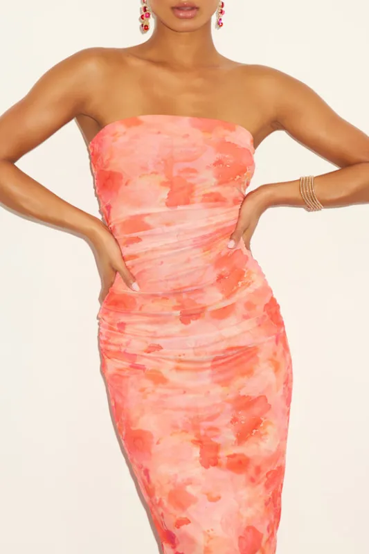 Late Night Crush Orange Multi Mesh Ruched Strapless Midi Dress sold by Lulus