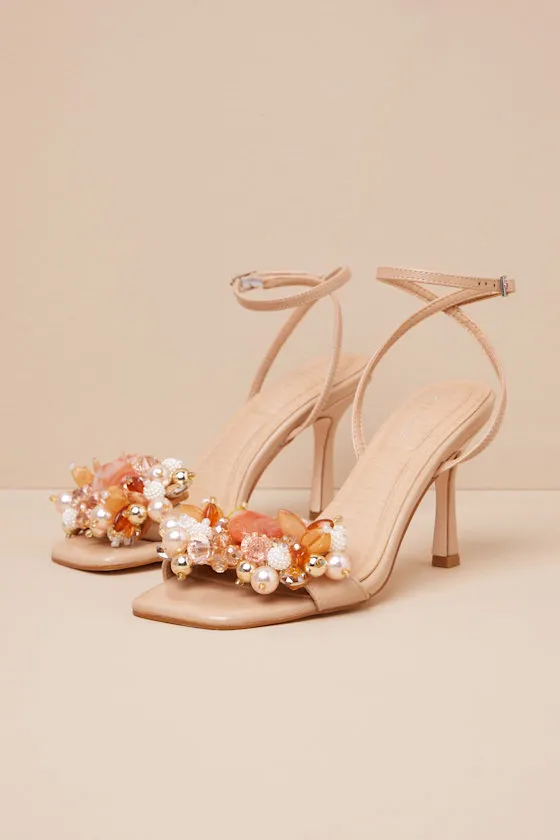 Candela Light Nude Beaded High Heel Ankle Strap Sandals sold by Lulus