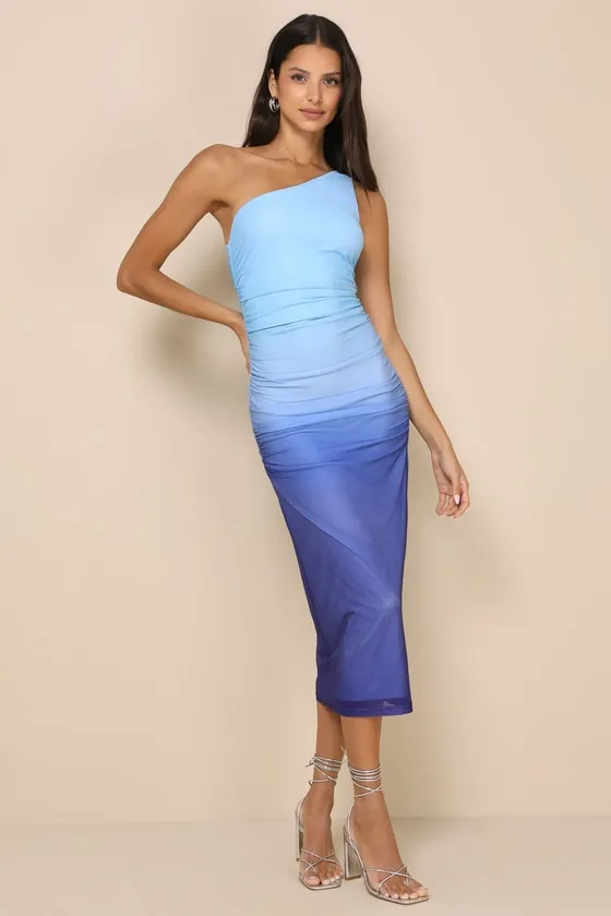 Beautiful Perception Blue Ombre One-Shoulder Mesh Midi Dress sold by Lulus