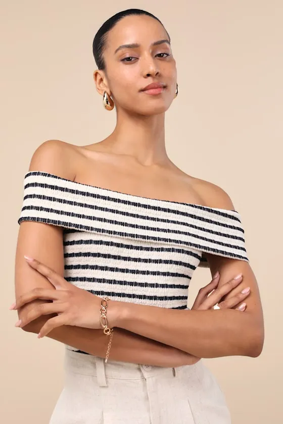 Lucilia Cream Striped Textured Knit Off-the-Shoulder Top sold by Lulus