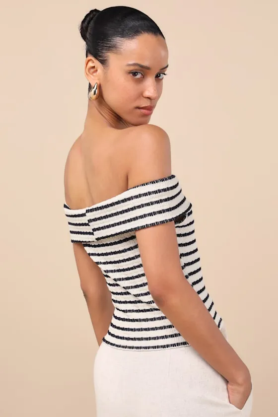 Lucilia Cream Striped Textured Knit Off-the-Shoulder Top sold by Lulus product image thumbnail 2