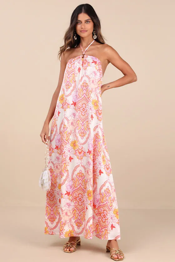 Nikoletta Coral Pink Multi Paisley Print Halter Maxi Dress sold by Lulus