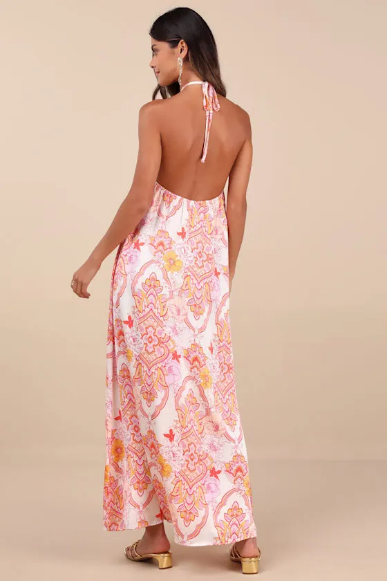 Nikoletta Coral Pink Multi Paisley Print Halter Maxi Dress sold by Lulus product image thumbnail 2