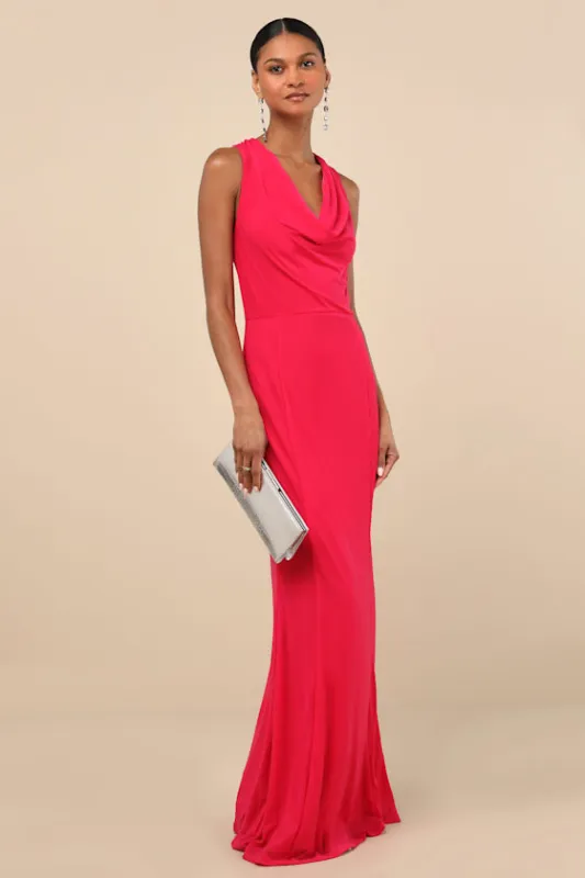 Stunning Mystery Fuchsia Mesh Cowl Back Mermaid Maxi Dress sold by Lulus