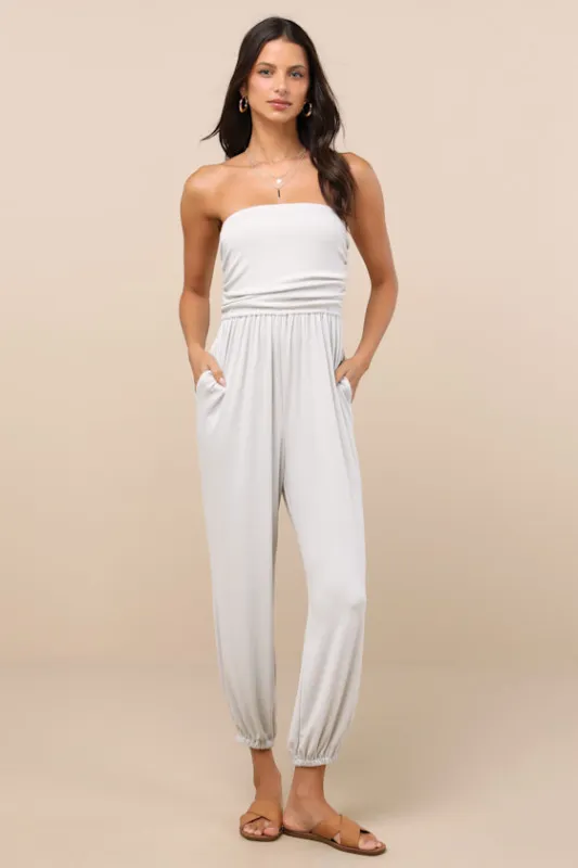 Flawless Comfort Bone Ruched Strapless Jogger Jumpsuit made by Lulus