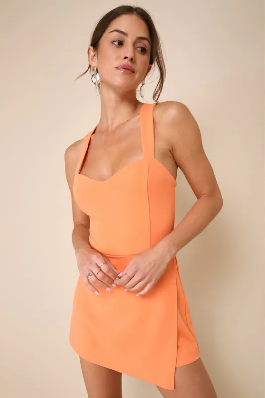 Latest Crush Orange Sleeveless Backless Skort Romper sold by Lulus