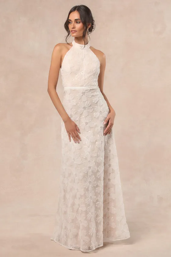 Violeta White and Beige Sequin Floral Maxi Dress sold by Lulus