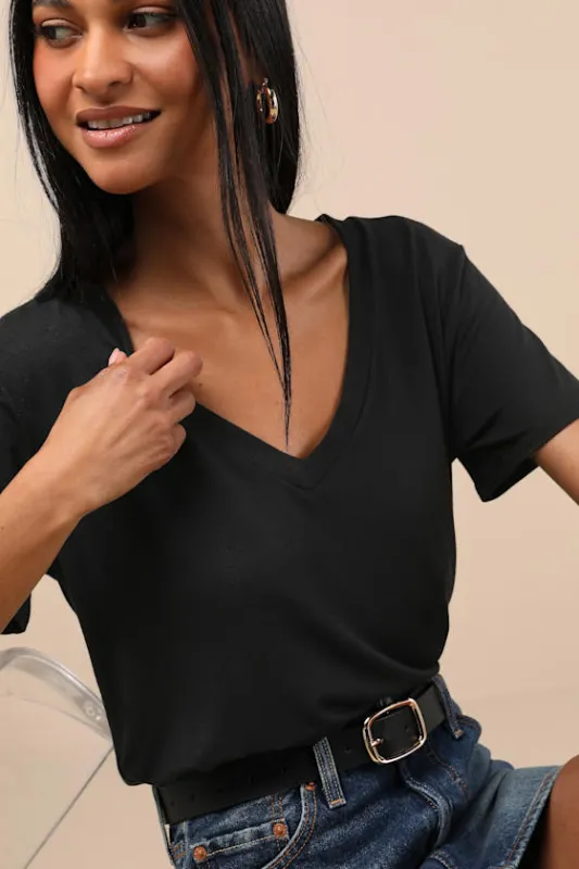 Adyn Black V-Neck Short Sleeve Tee sold by Lulus