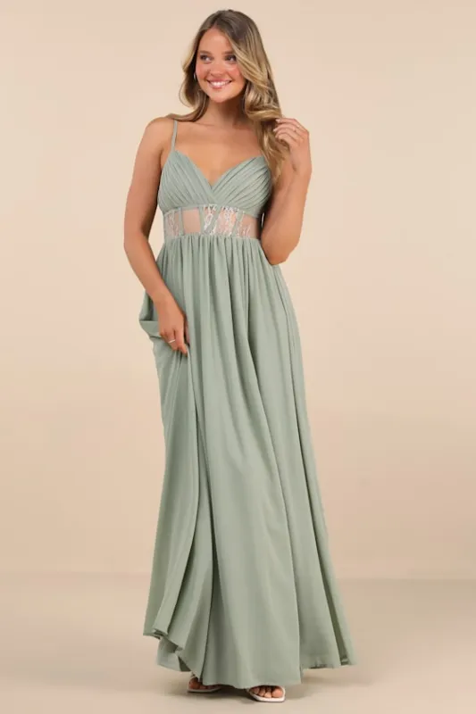 Kaylin Sage Pleated Lace Maxi Dress sold by Lulus