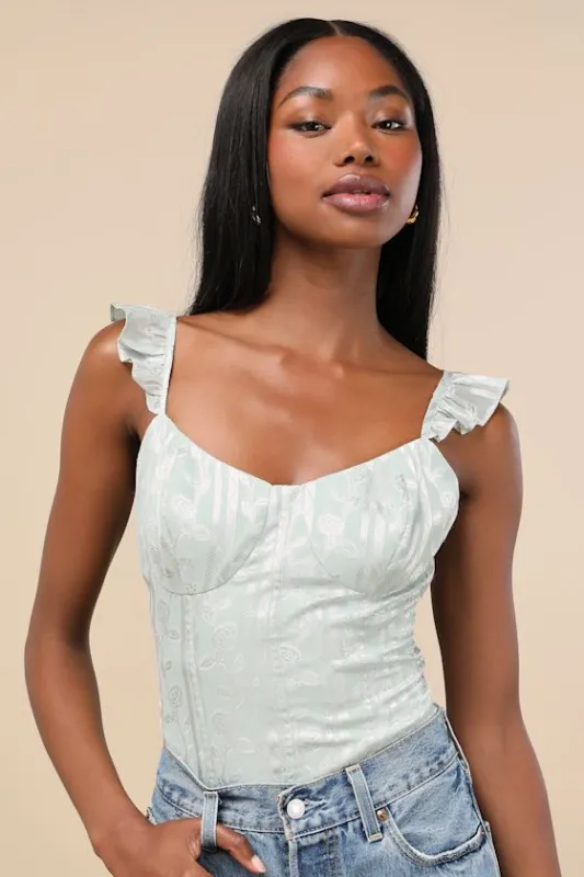 Abbie Mint Floral Sleeveless Bustier Bodysuit sold by Lulus