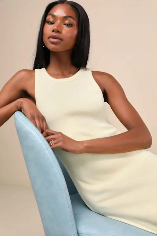 Majorly Trendy Light Yellow Ribbed Bodycon Midi Dress sold by Lulus
