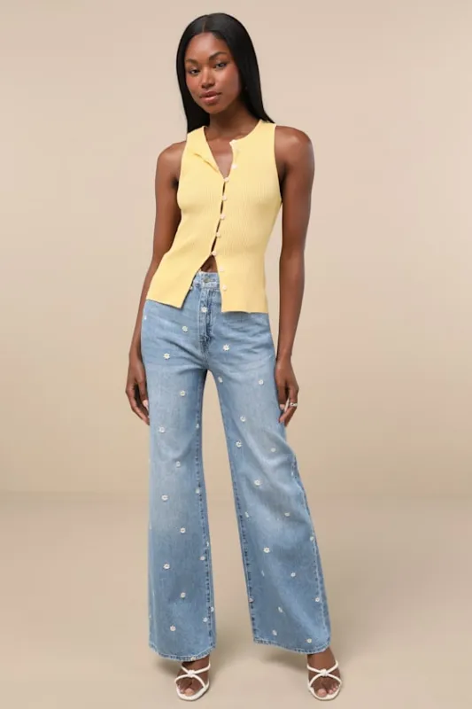 Far Out Light Wash Embroidered High-Rise Wide-Leg Jeans sold by Lulus