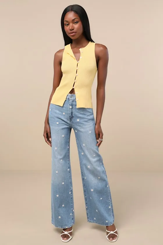Far Out Light Wash Embroidered High-Rise Wide-Leg Jeans sold by Lulus