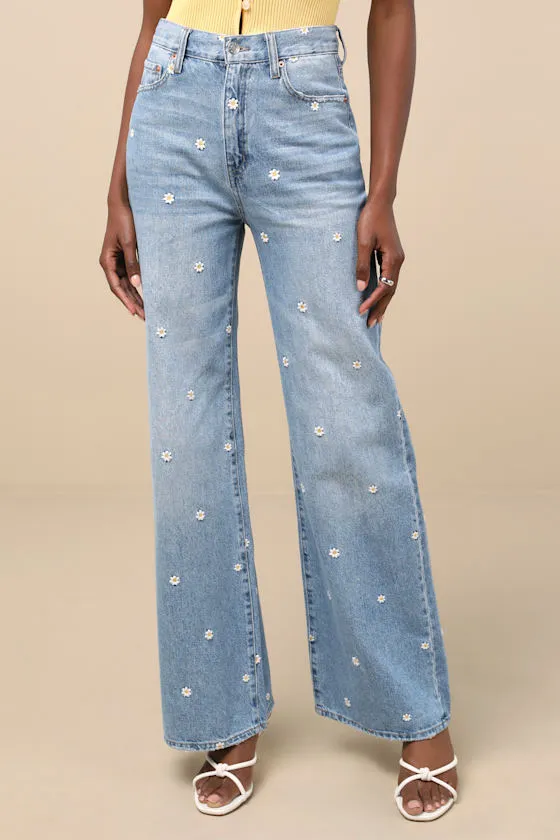 Far Out Light Wash Embroidered High-Rise Wide-Leg Jeans sold by Lulus product image thumbnail 2
