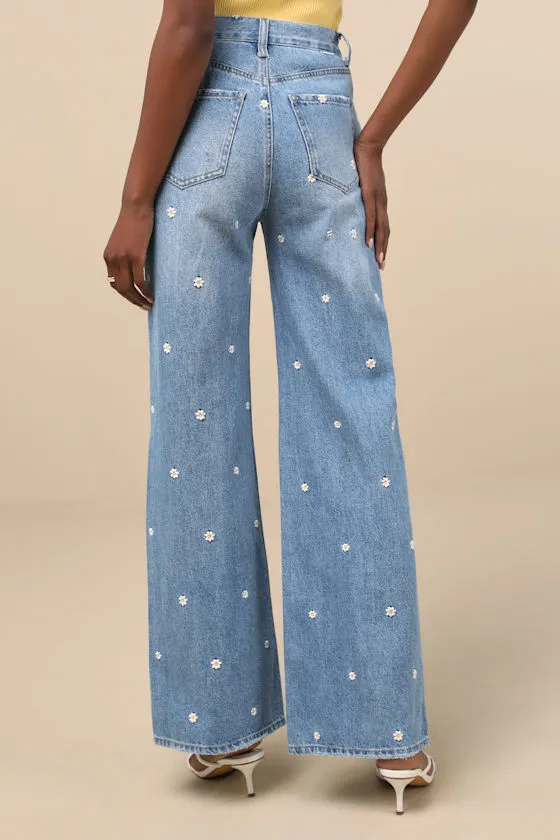 Far Out Light Wash Embroidered High-Rise Wide-Leg Jeans sold by Lulus product image thumbnail 3