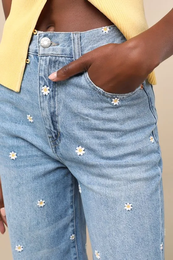 Far Out Light Wash Embroidered High-Rise Wide-Leg Jeans sold by Lulus product image thumbnail 4