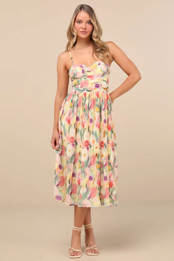 Aleyna Yellow Abstract Pleated Lace-Up Bustier Midi Dress sold by Lulus product image thumbnail 2